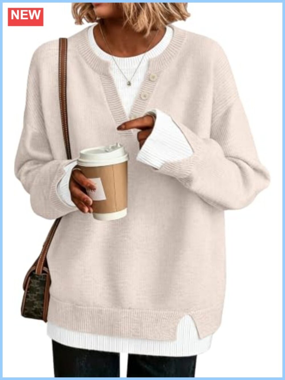 Women's Knit Pullover Sweater Long Sleeve Crewneck Buttons Side Slit Fall Winter